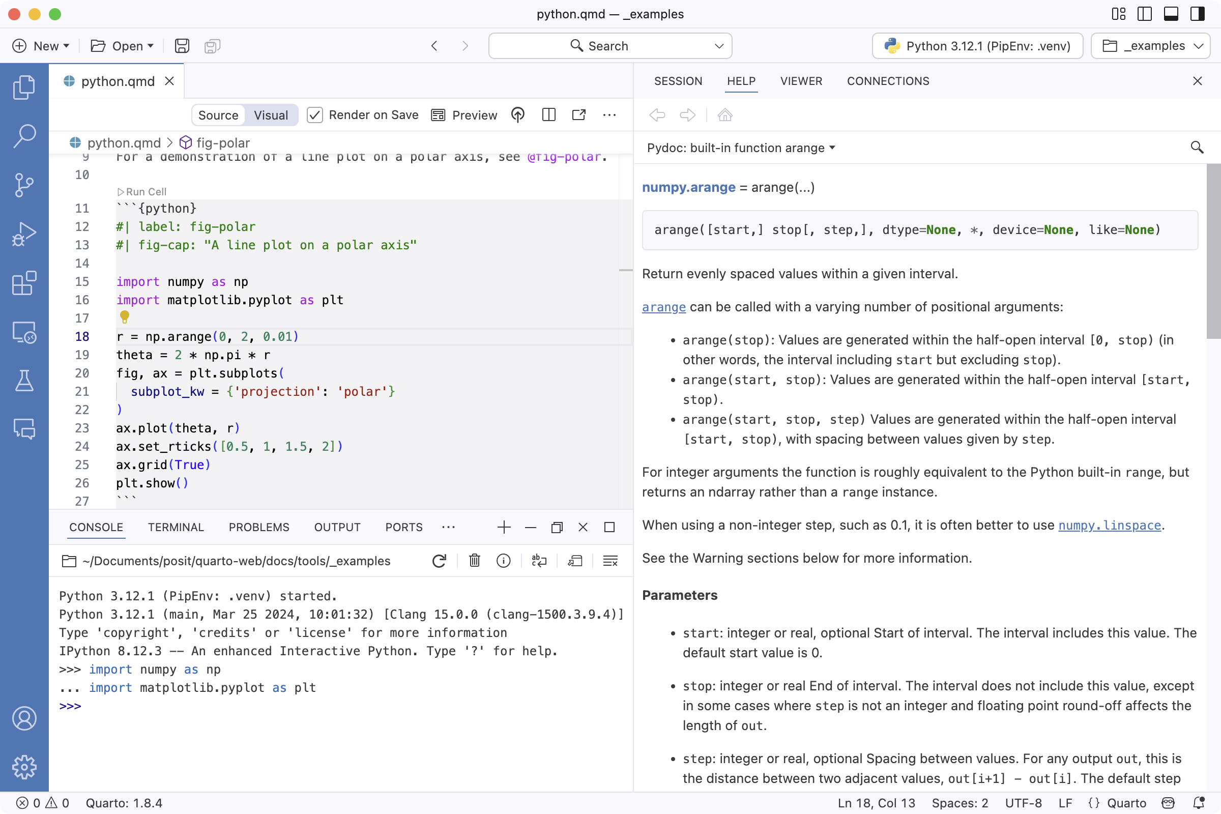 Screen shot of Positron editor with two vertical sections. The left section includes the source code for a quarto file with python code, and the active Python Console. The right shows the Help pane with the help for `np.arange` displayed.